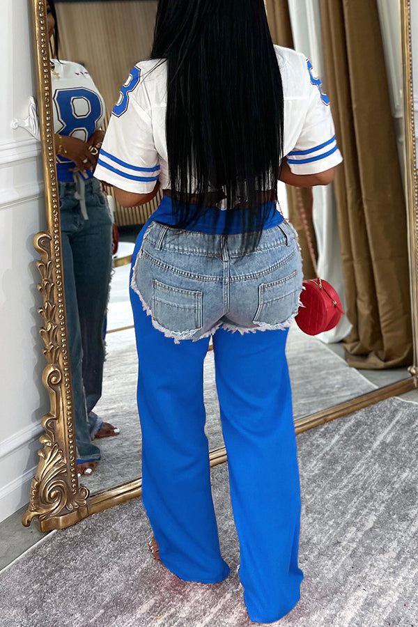 Stylish Frayed Edge Two Tone Denim Jeans