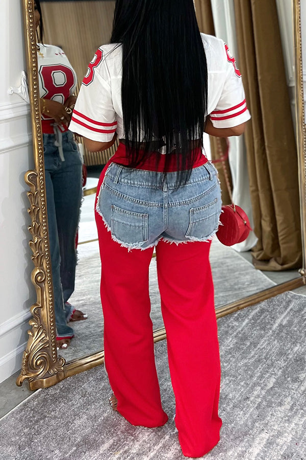 Stylish Frayed Edge Two Tone Denim Jeans