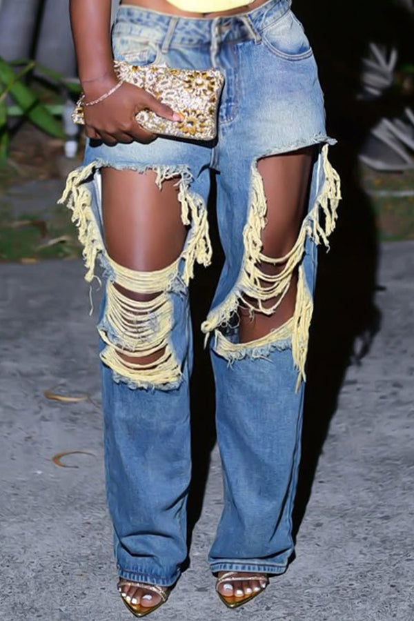 Street Style Washed Ripped Raw Trim Jeans