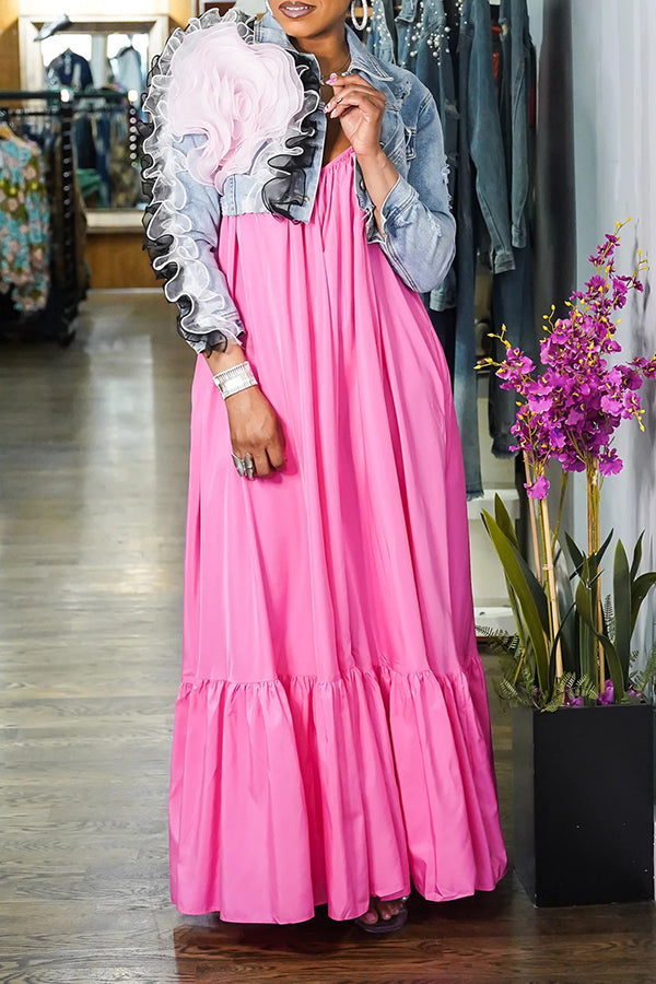 Chic Big Ruffle Flower Ripped Denim Crop Jacket