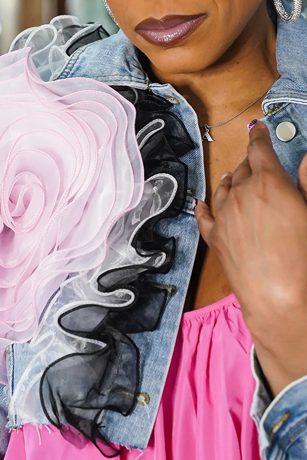 Chic Big Ruffle Flower Ripped Denim Crop Jacket