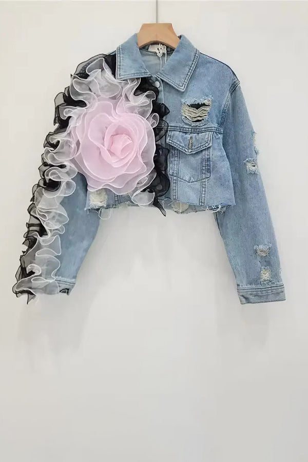 Chic Big Ruffle Flower Ripped Denim Crop Jacket