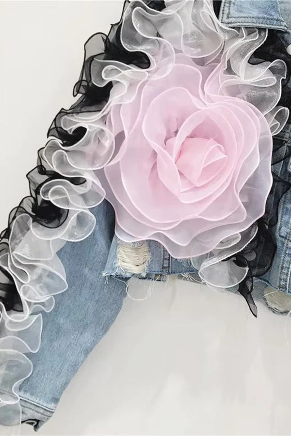 Chic Big Ruffle Flower Ripped Denim Crop Jacket