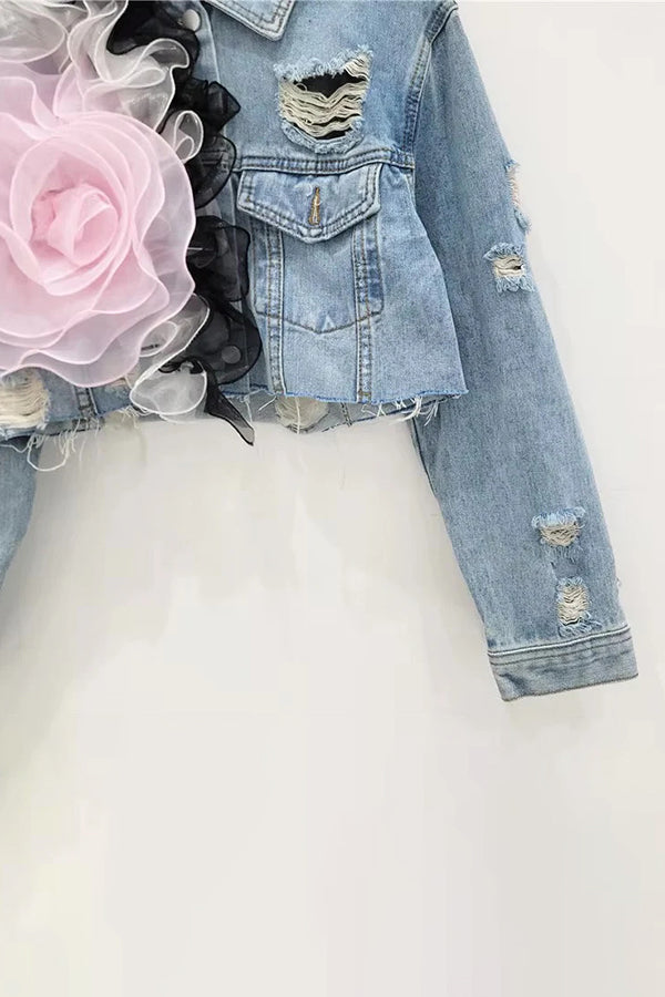 Chic Big Ruffle Flower Ripped Denim Crop Jacket