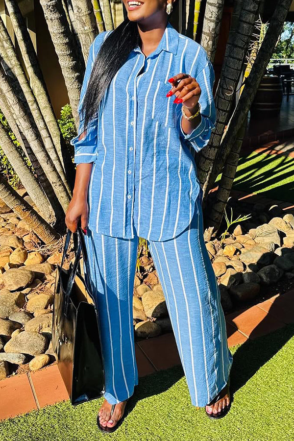 Casual Single Breasted Striped Shirt & Pants Set