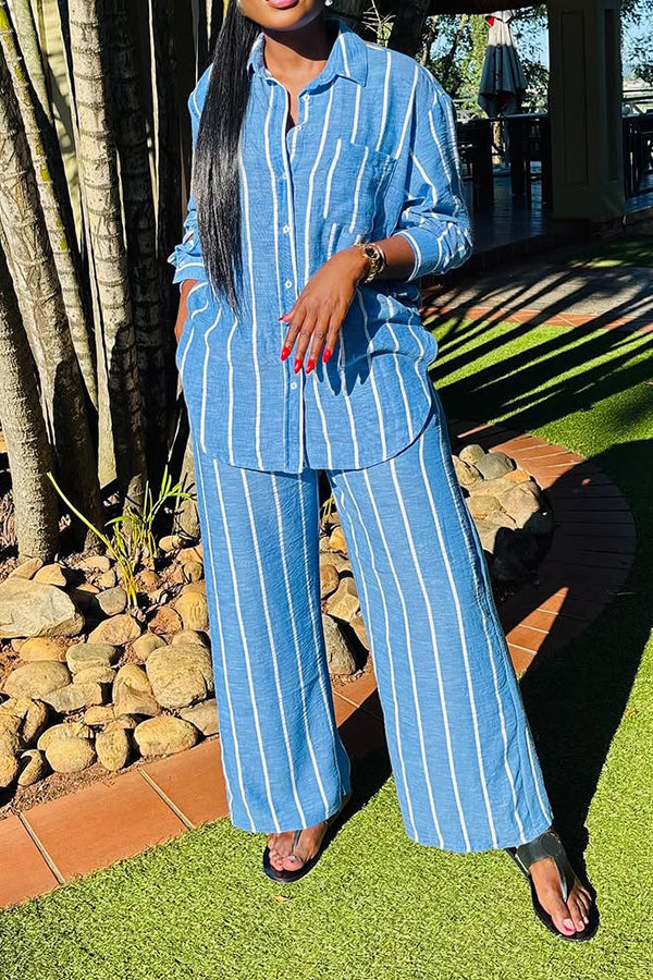 Casual Single Breasted Striped Shirt & Pants Set