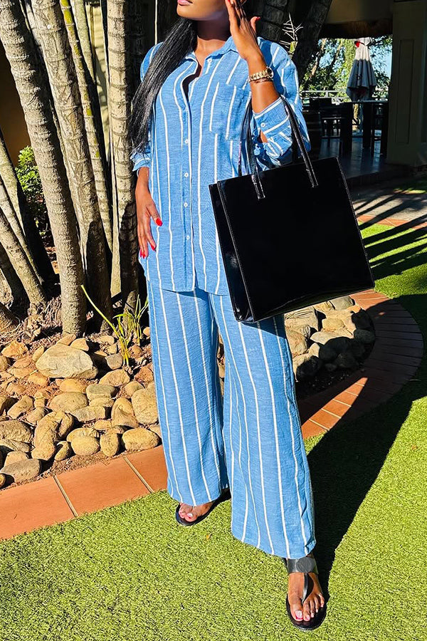 Casual Single Breasted Striped Shirt & Pants Set