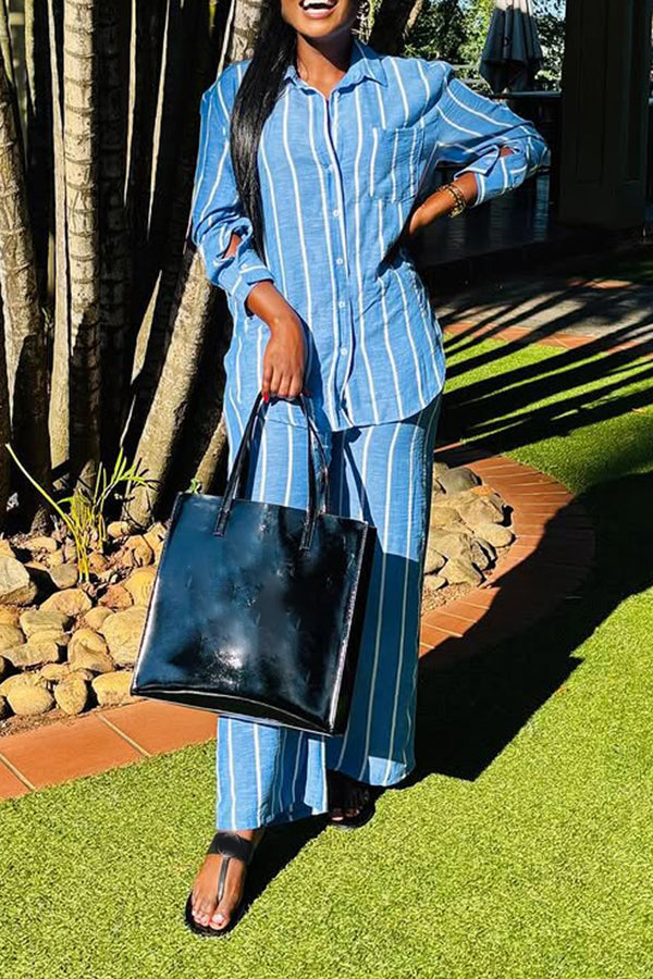 Casual Single Breasted Striped Shirt & Pants Set