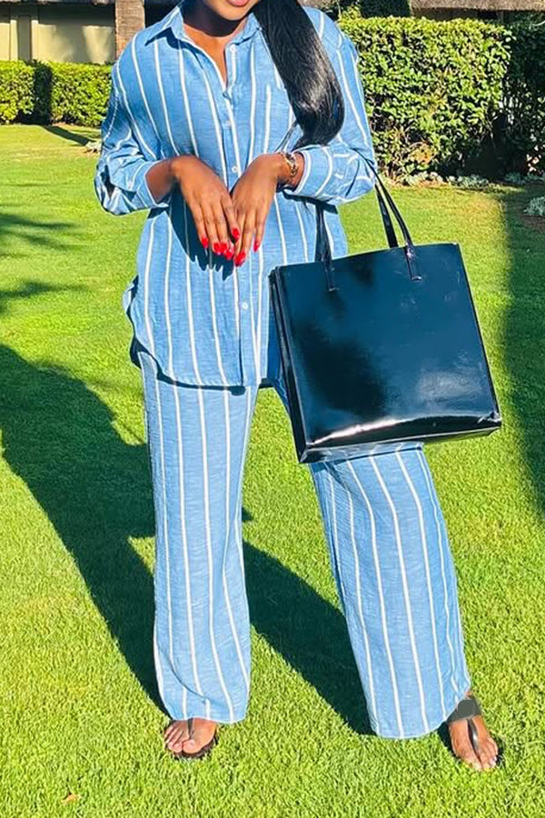 Casual Single Breasted Striped Shirt & Pants Set