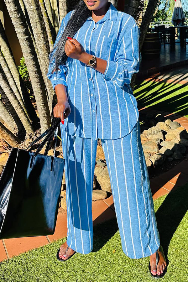 Casual Single Breasted Striped Shirt & Pants Set