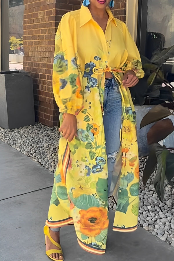 Stylish Lapel Natural Print Belt Design Maxi Dress