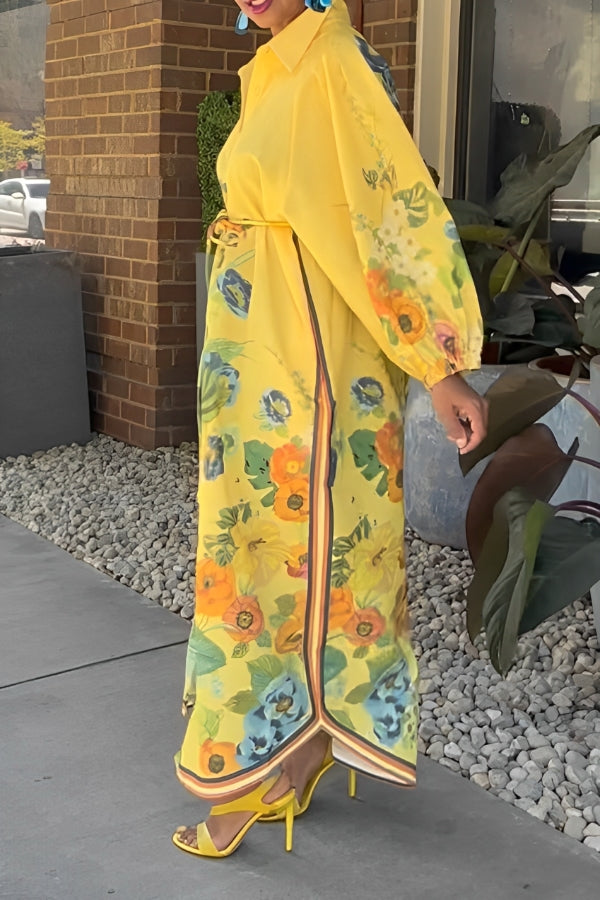 Stylish Lapel Natural Print Belt Design Maxi Dress