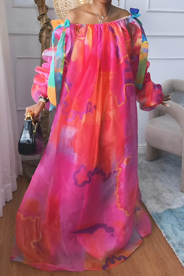 Holiday Off Shoulder Bow Layered Tulle Maxi Dress