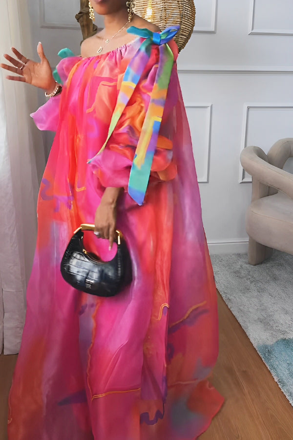 Holiday Off Shoulder Bow Layered Tulle Maxi Dress