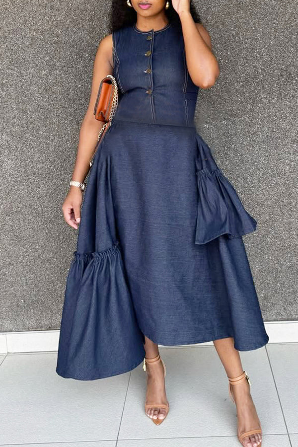Stylish Sleeveless Single Breasted Denim Maxi Dress