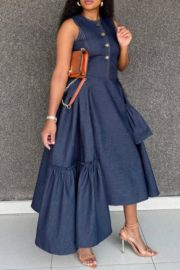 Stylish Sleeveless Single Breasted Denim Maxi Dress