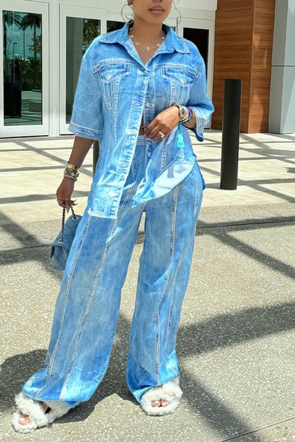 Soft Lapel Side Slit Denim Top & Pants Set