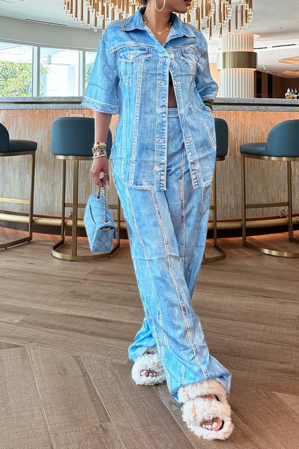 Soft Lapel Side Slit Denim Top & Pants Set