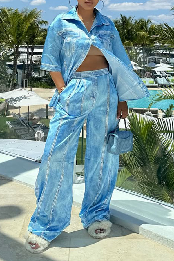Soft Lapel Side Slit Denim Top & Pants Set