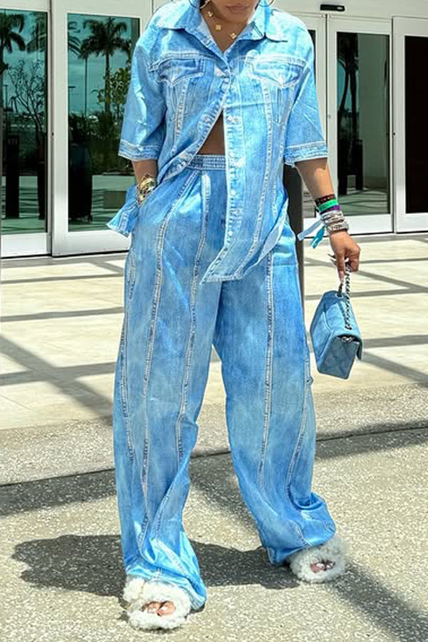 Soft Lapel Side Slit Denim Top & Pants Set