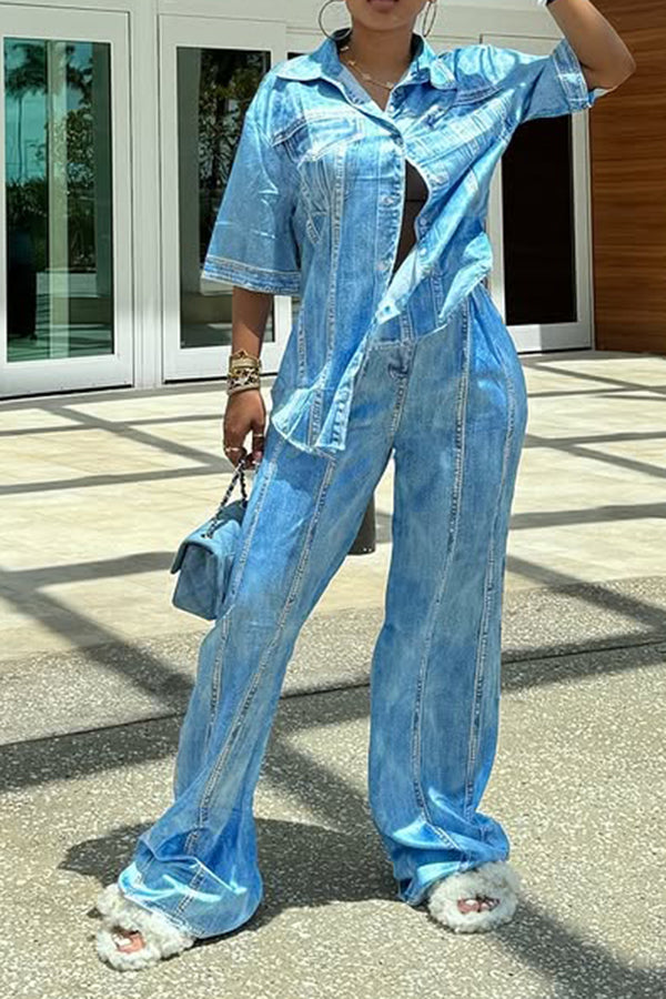 Soft Lapel Side Slit Denim Top & Pants Set