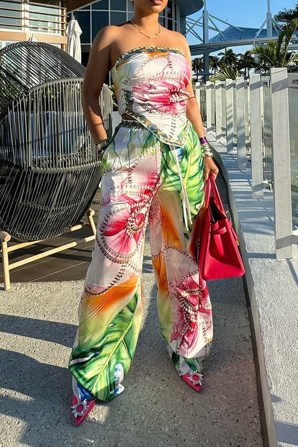 Vacation Geometric Print Irregular Top & Drawstring Pants Set