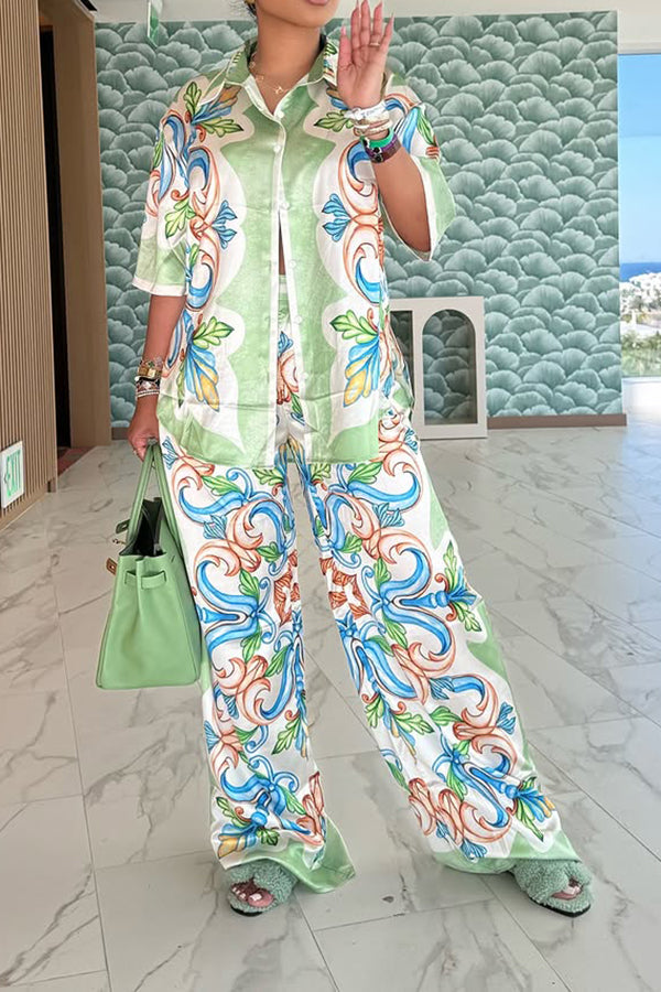 Vacation Nature Print Single Breasted Top & Pants Set