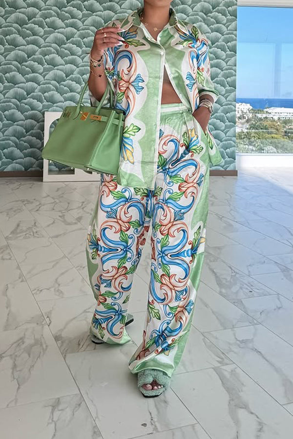 Vacation Nature Print Single Breasted Top & Pants Set
