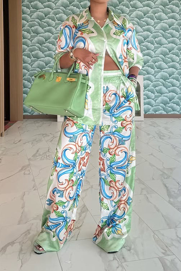 Vacation Nature Print Single Breasted Top & Pants Set
