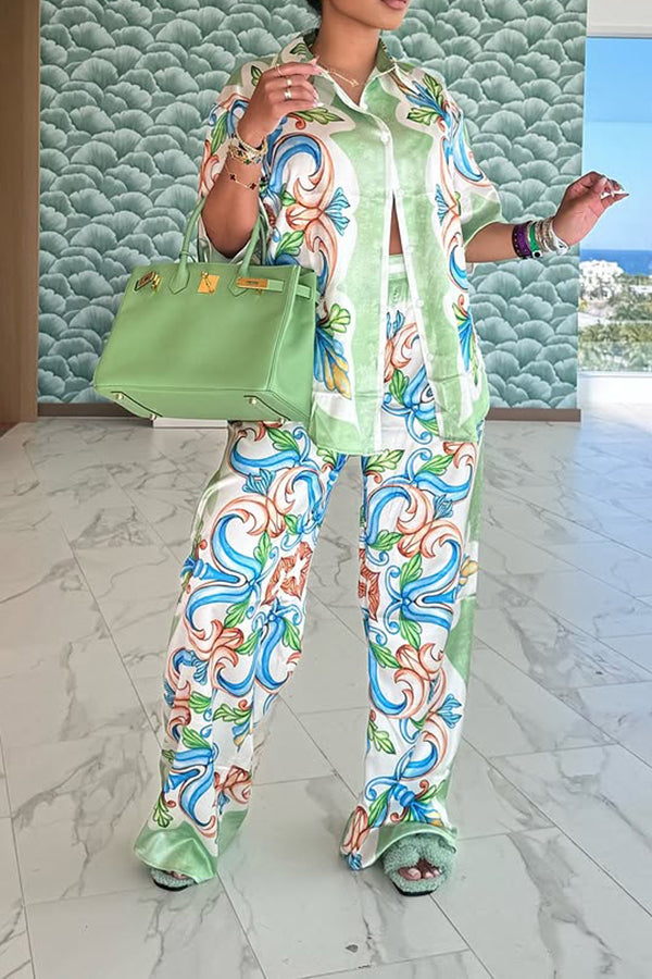 Vacation Nature Print Single Breasted Top & Pants Set