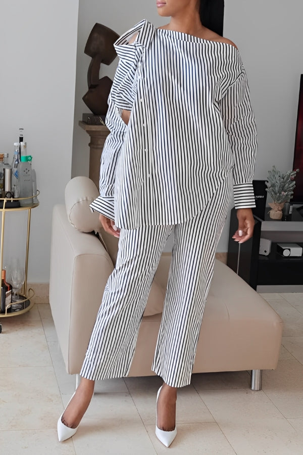 Stylish Striped Single Breasted Irregular Top & Pants Set