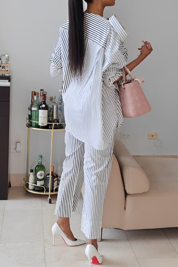 Stylish Striped Single Breasted Irregular Top & Pants Set