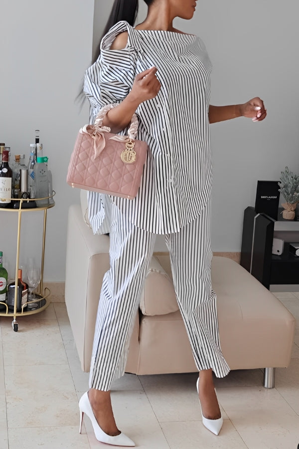 Stylish Striped Single Breasted Irregular Top & Pants Set