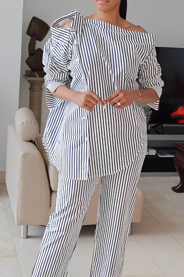 Stylish Striped Single Breasted Irregular Top & Pants Set