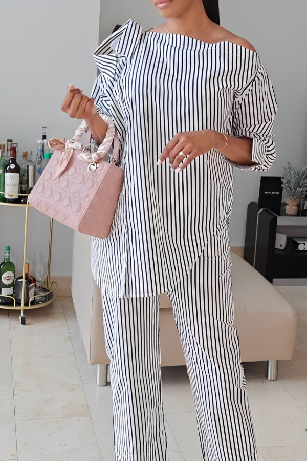 Stylish Striped Single Breasted Irregular Top & Pants Set