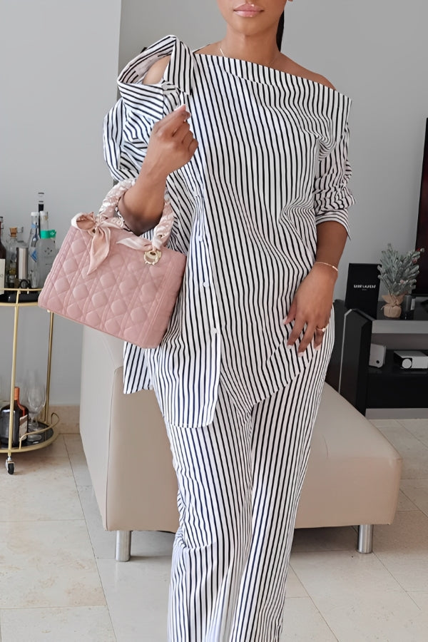 Stylish Striped Single Breasted Irregular Top & Pants Set