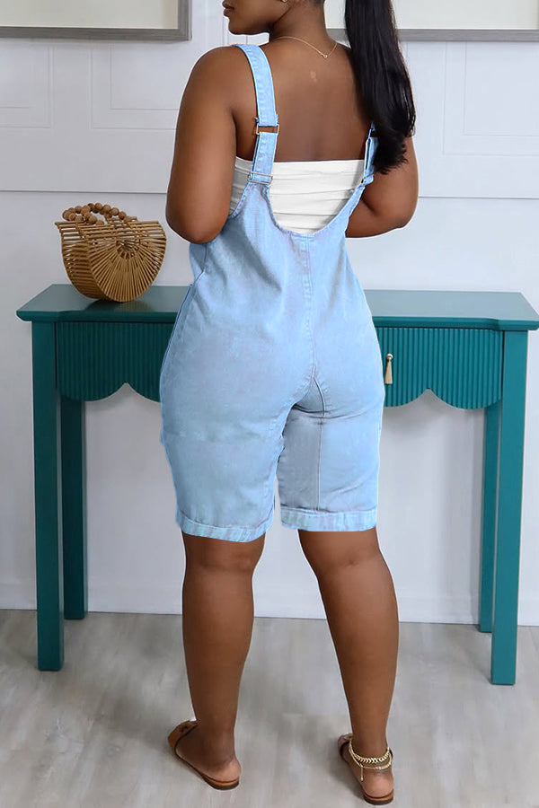 Casual V-neck Sleeveless Double Pocket Denim Rompers