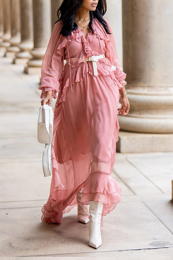 Summer Ruffle Drawstring Mesh Layered Patchwork Maxi Dress