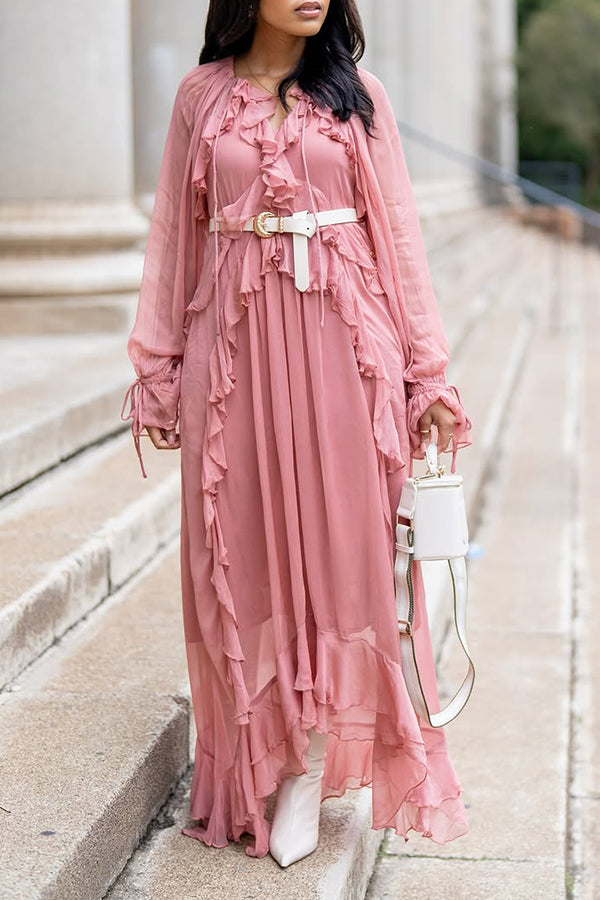 Summer Ruffle Drawstring Mesh Layered Patchwork Maxi Dress