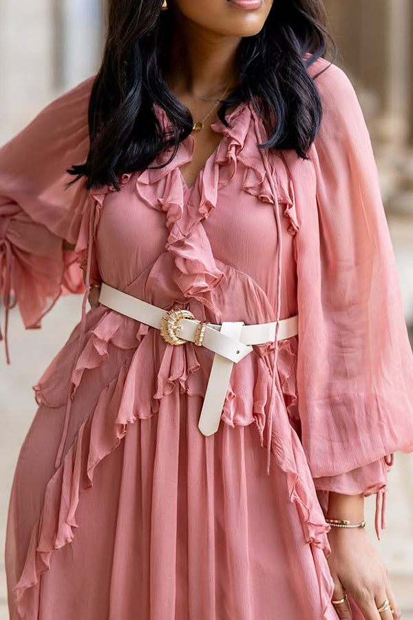 Summer Ruffle Drawstring Mesh Layered Patchwork Maxi Dress