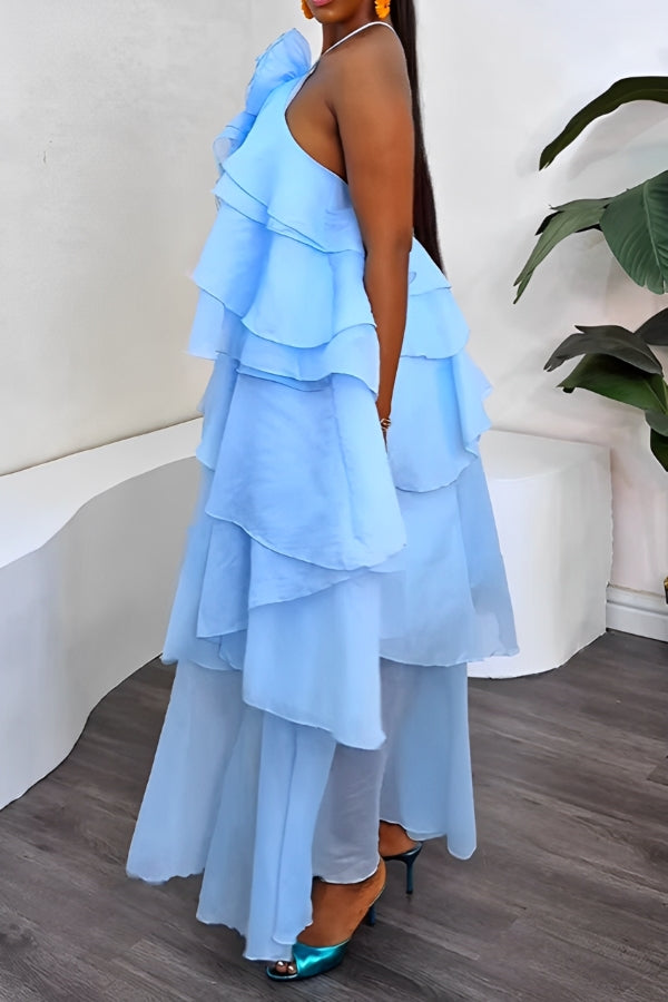 Holiday Halterneck Floral Patchwork Ruffled Layered Maxi Dress
