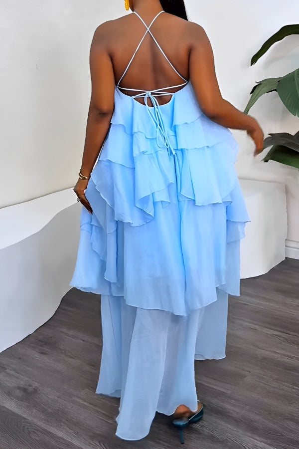 Holiday Halterneck Floral Patchwork Ruffled Layered Maxi Dress