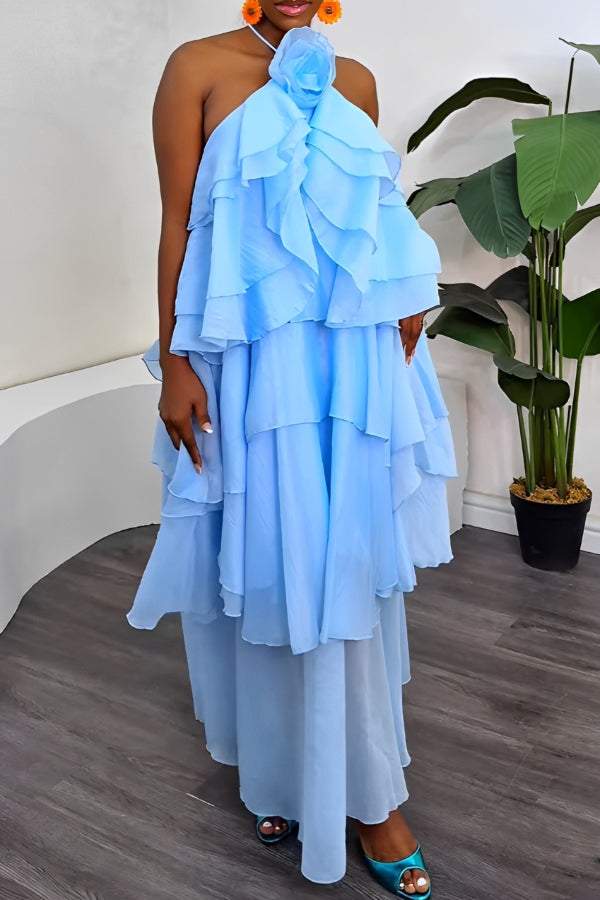 Holiday Halterneck Floral Patchwork Ruffled Layered Maxi Dress