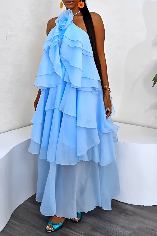 Holiday Halterneck Floral Patchwork Ruffled Layered Maxi Dress