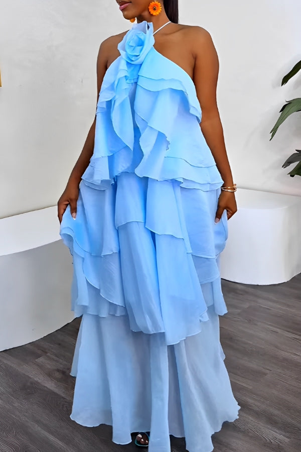 Holiday Halterneck Floral Patchwork Ruffled Layered Maxi Dress