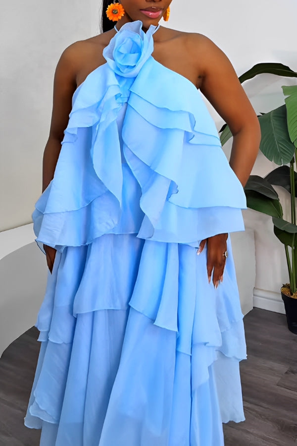 Holiday Halterneck Floral Patchwork Ruffled Layered Maxi Dress