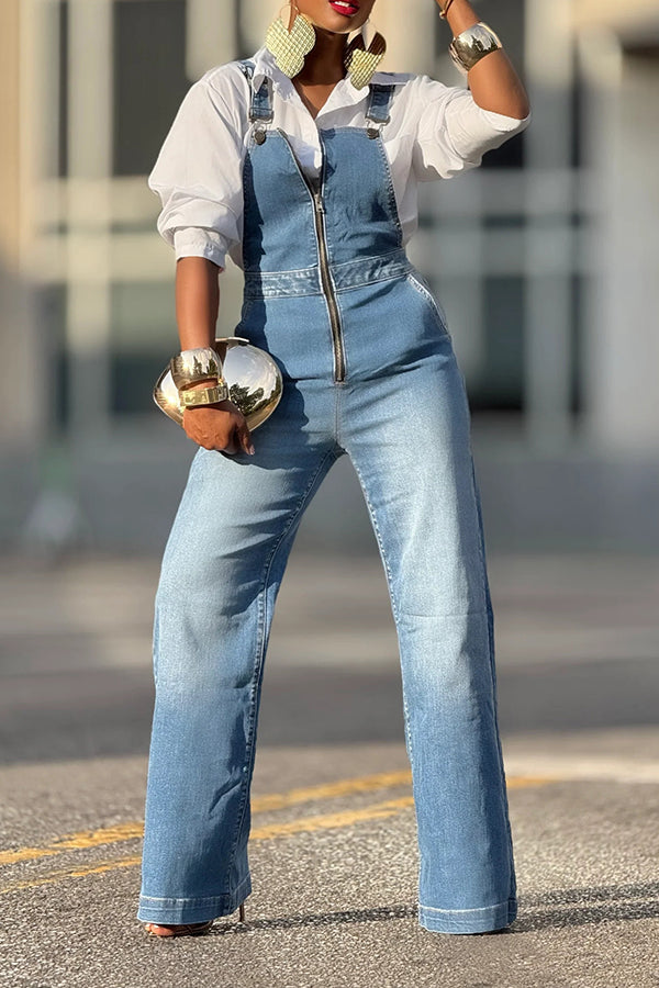 Casual Bleached Zipped Design Denim Straight Overalls