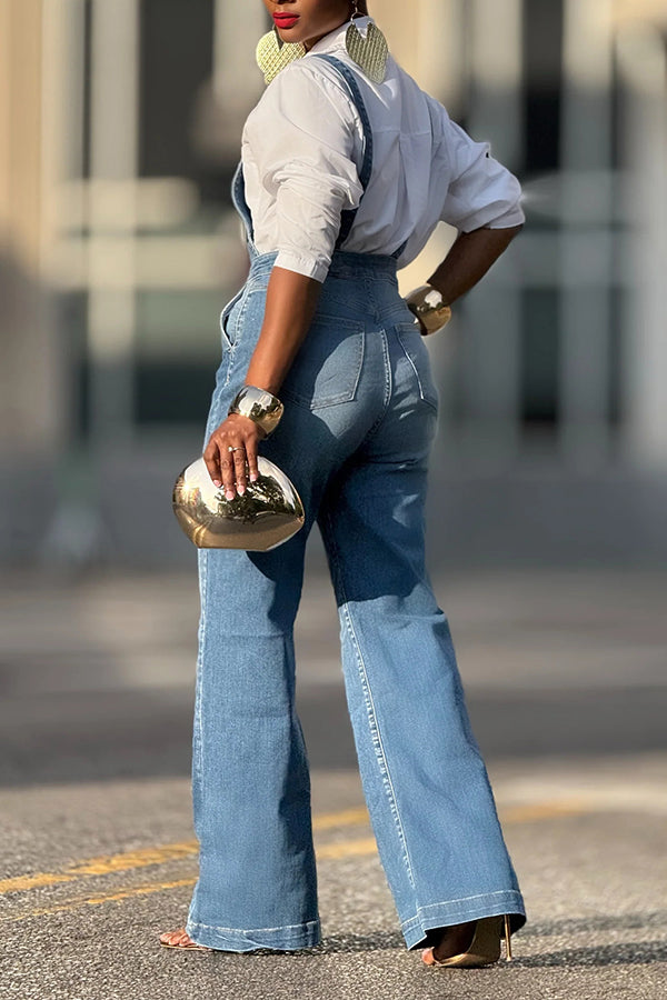 Casual Bleached Zipped Design Denim Straight Overalls