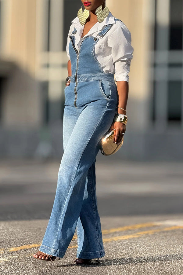 Casual Bleached Zipped Design Denim Straight Overalls