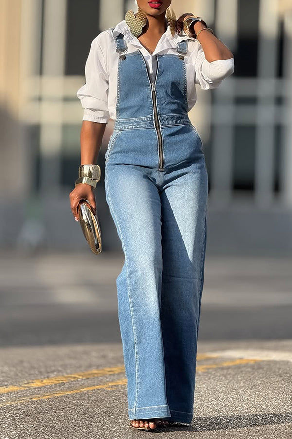 Casual Bleached Zipped Design Denim Straight Overalls